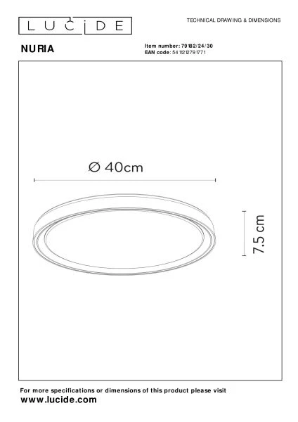 Lucide NURIA - Plafonnier - Ø 40 cm - LED 3 StepDim - 1x24W 2700K - Noir - technique